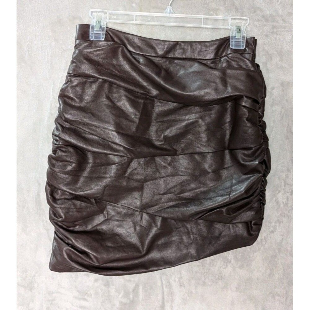 Lulus Cool Factor Brown Ruched Sinched Vegan Leather Mini Skirt